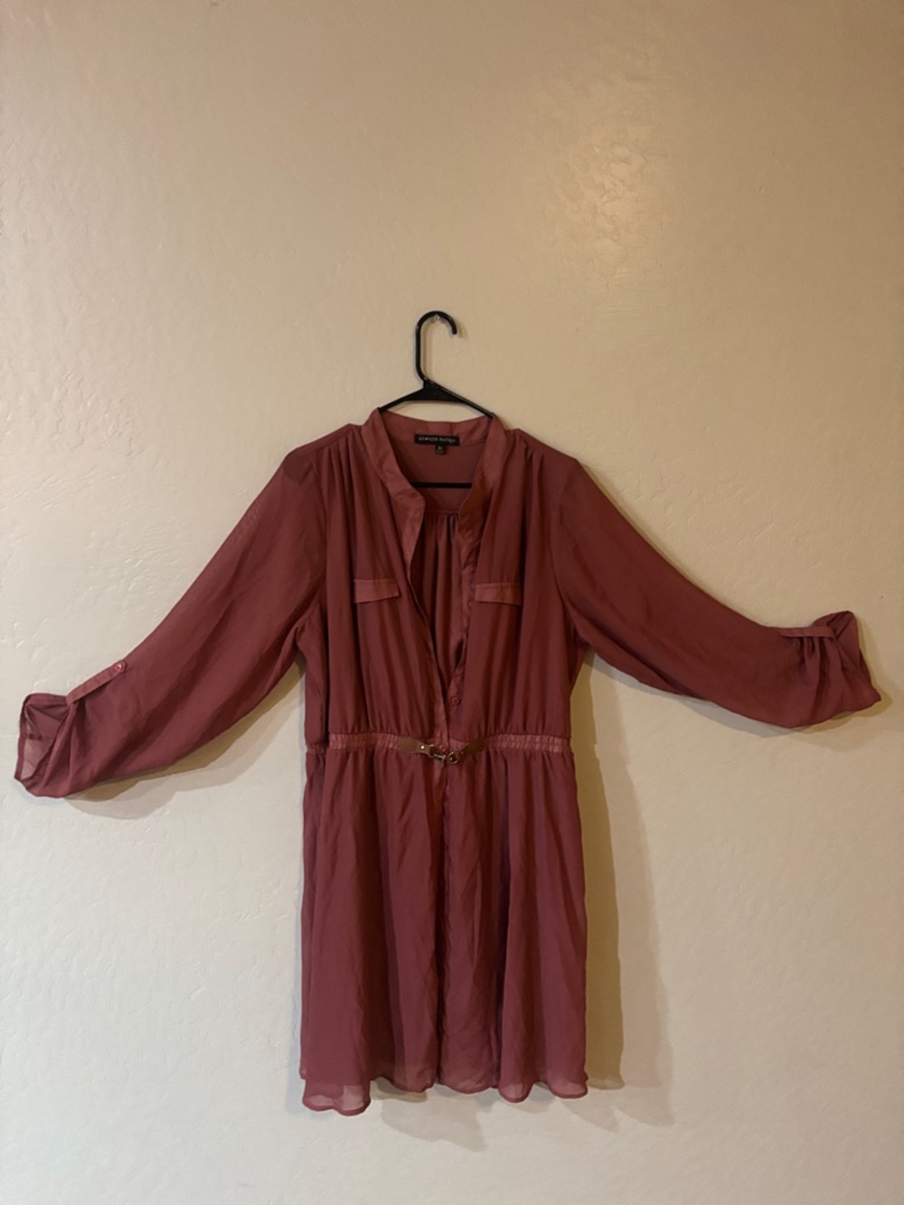 Almost Famous Mauve Long-Sleeve Belted Shirt Dress - Picture 3 of 10